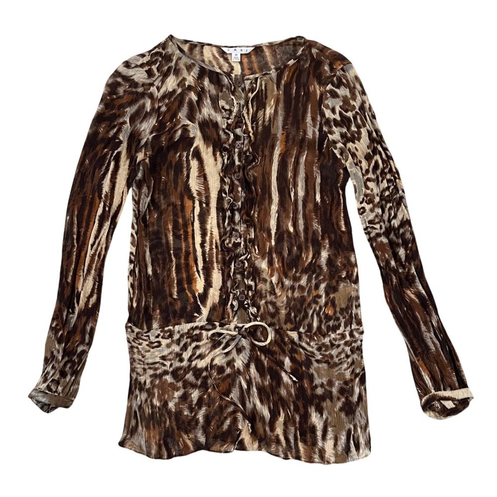 CAbi Brown Semi Sheer Silk Button Front Animal Print Tunic Blouse -  SIZE M